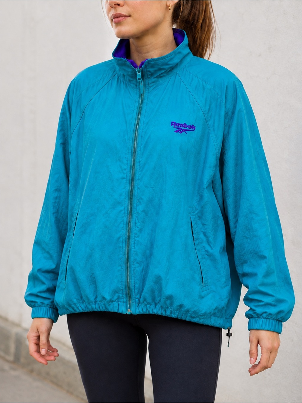 REEBOK Vintage 90s Windbreaker Track Jacket Womens XL Teal Blue Purple Nylon Y2K